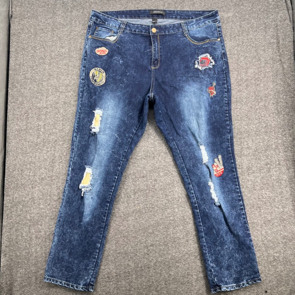 Ashley Stewart Plus Size 24 Distressed Acid Wash Patchwork Skinny Jeans Blue